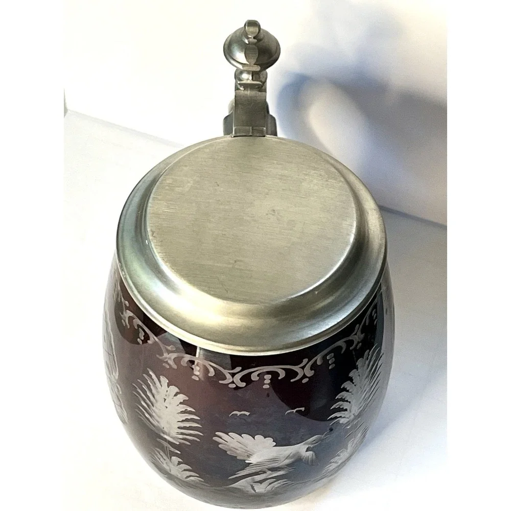 Vintage Bohemian Cut-to-Clear Glass Stein Beer Mug with Pewter Lid Grouse Design